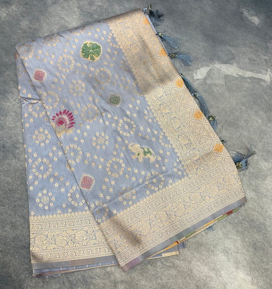 Banaras Soft Silk Saree Gray Colour with Sliver Colour Floral Design Border