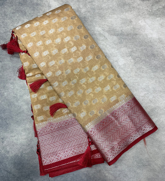 Crepe Saree Biscuit Colour with Maroon Border