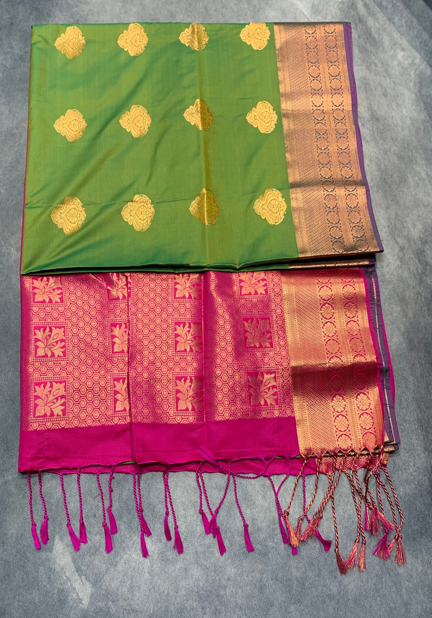 Soft Vegan Silk Saree Light Green Colour with Pink and Copper Border