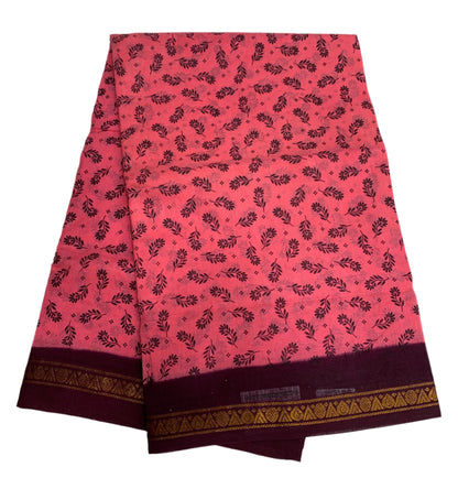 9 yards Cotton Saree Peach Colour with Brown Border
