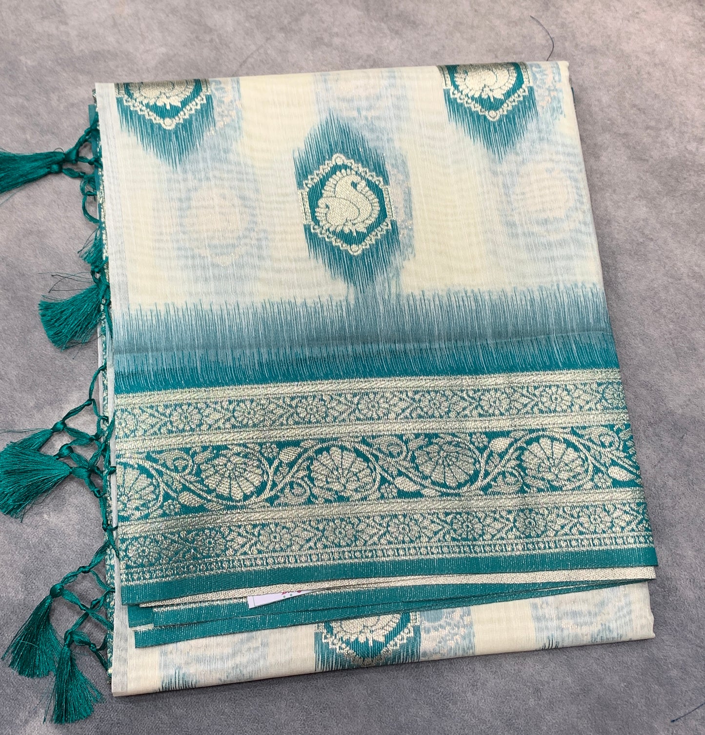 Banaras Katan Saree Off White Colour with Rama Green Katan Work Border