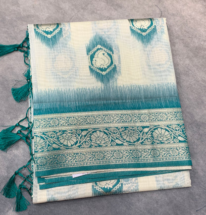 Banaras Katan Saree Off White Colour with Rama Green Katan Work Border