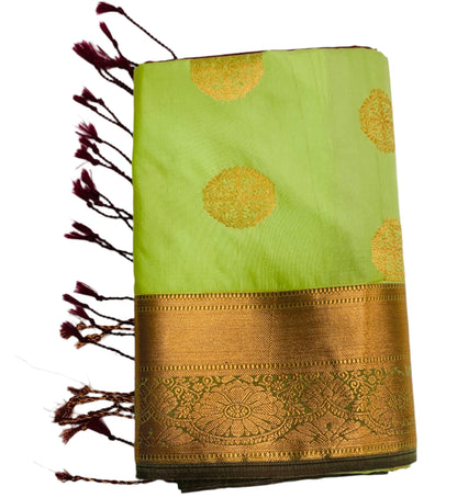 Soft Vegan Silk Saree Pista Green Colour with Copper Border