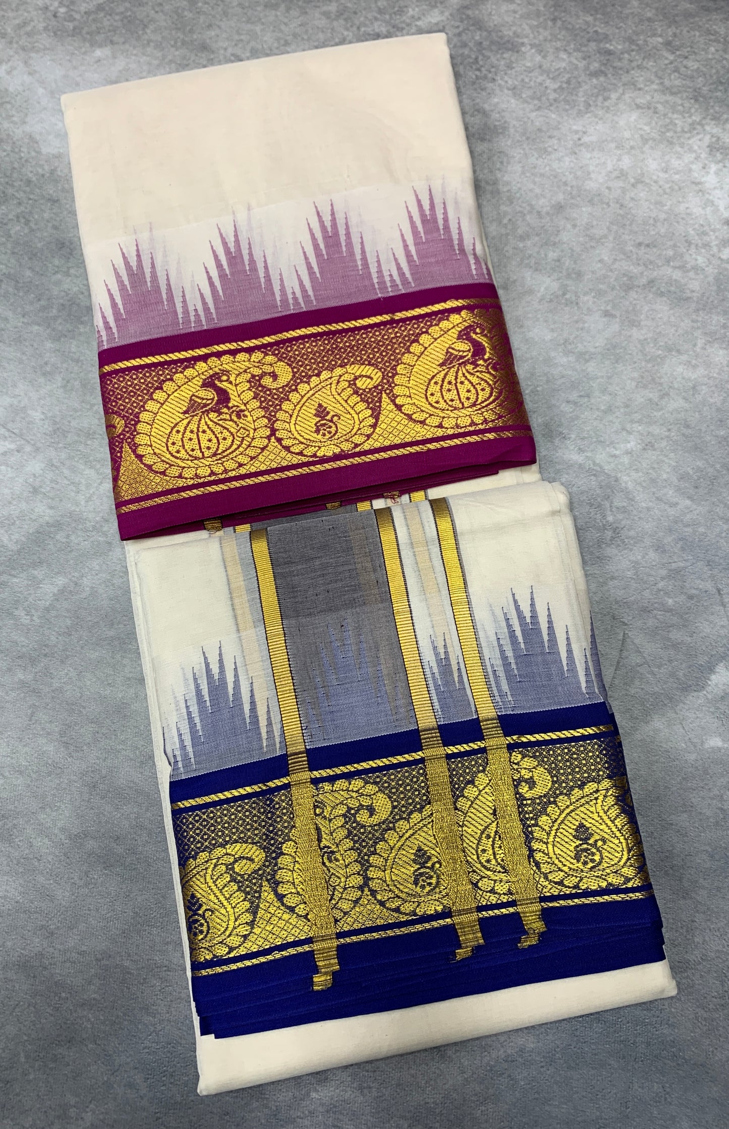 Korvai Cotton Dhoti Half White Colour Pink and Blue Border