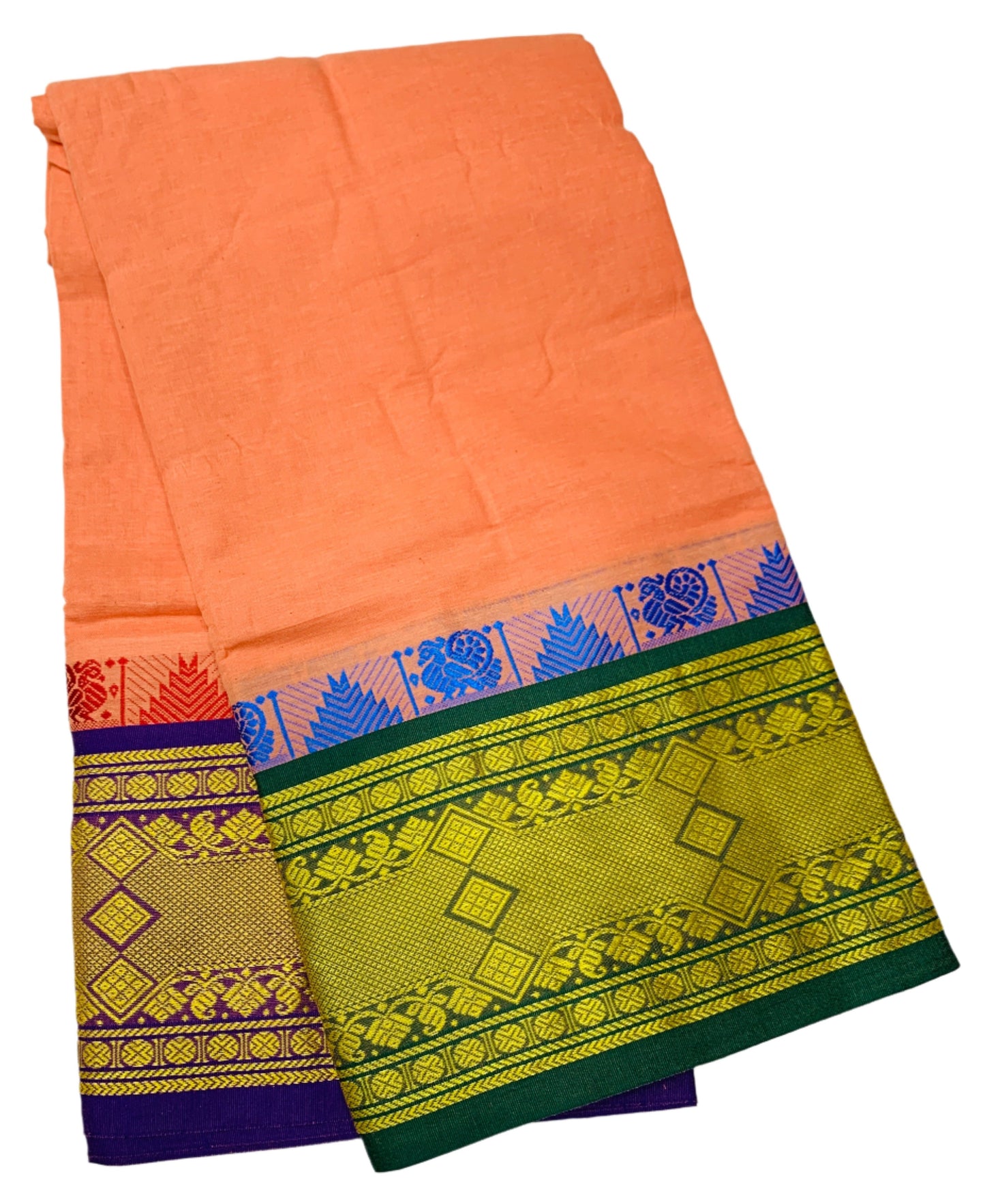 9X5 Cotton Dhoti Salmon Colour with Green and Blue Border