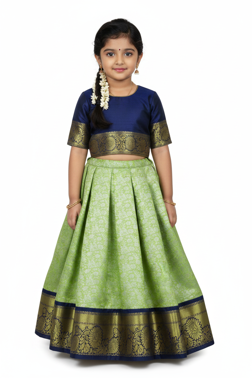 Pista Green Shade Vegan Silk Kids Pattu Pavadai with Contrast border for age 2 to 5