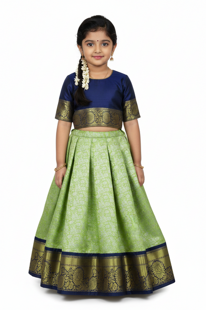 Pista Green Shade Vegan Silk Kids Pattu Pavadai with Contrast border for age 2 to 5