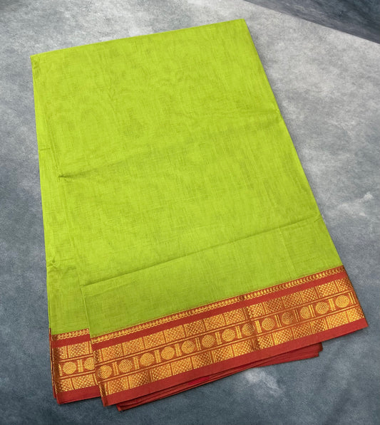 Chettinad Cotton Saree Parrot Green Colour with Maroon Colour with Zari Work Border