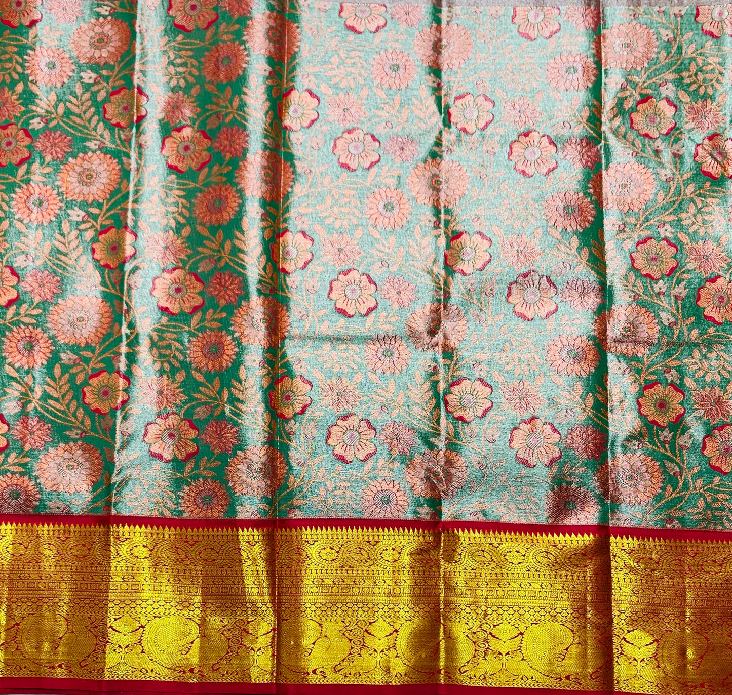 Rama Green Shade Vegan Silk Kids Pattu Pavadai with Contrast border for age 2 to 5