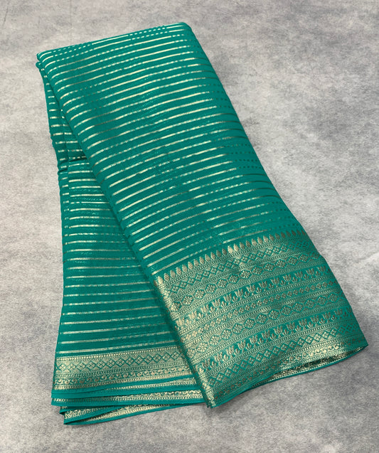 Georgette Saree Rama Green Colour with Sliver Floral Design Border