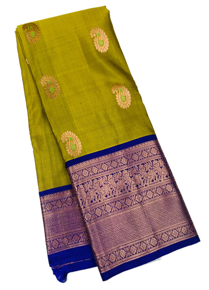 Pure Kanchipuram Silk Saree Olive Green Colour with Blue Border