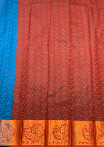 Synthetic Cotton Saree Sky Blue Colour with Golden Floral Design Border