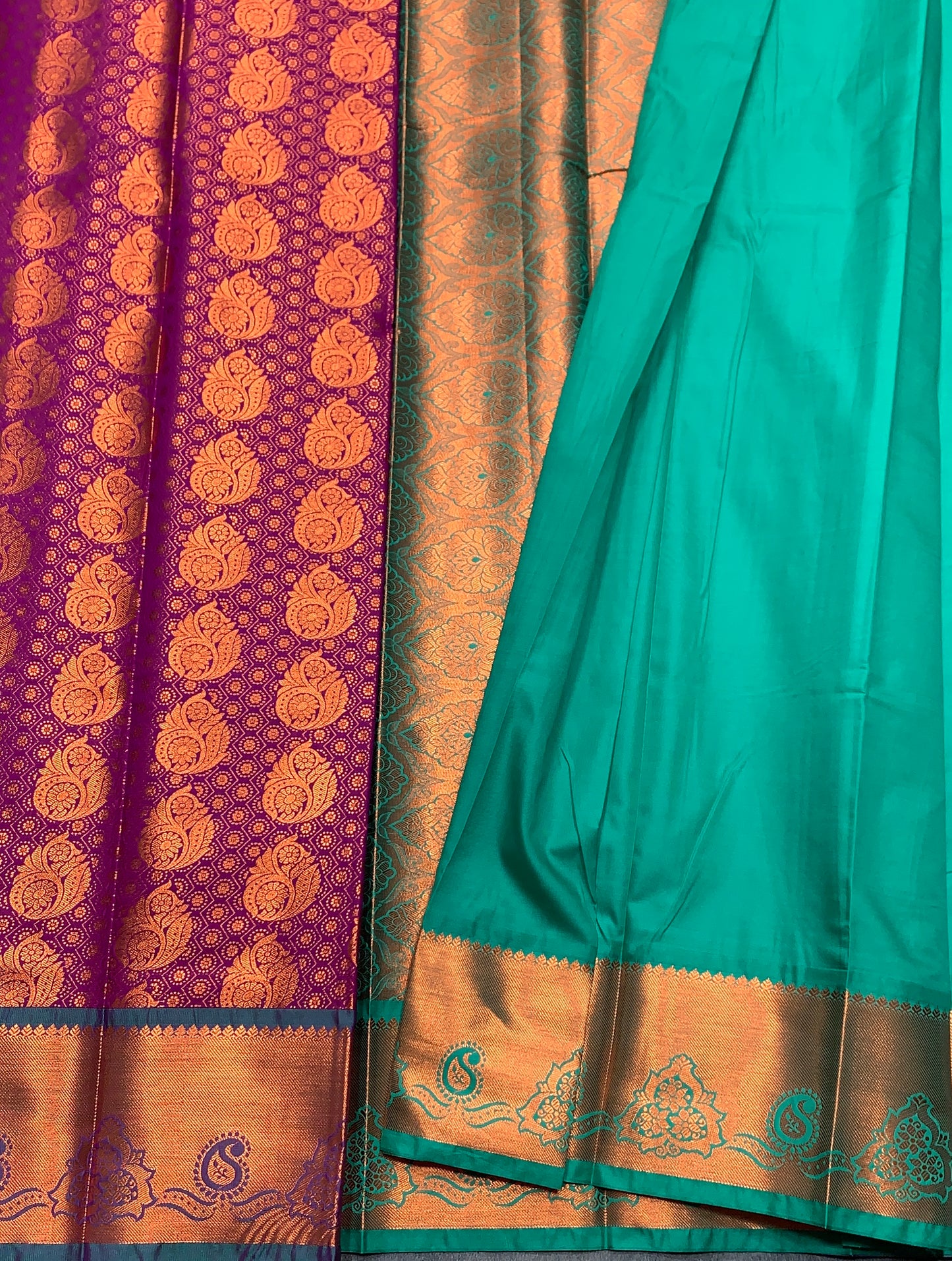 Vegan Silk Saree Magenta Colour with Green and Copper Border