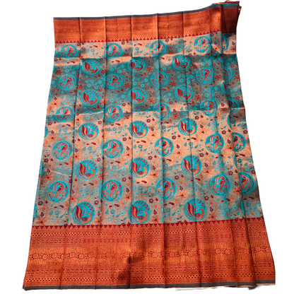 Aqua Blue shade saree with Brown Border