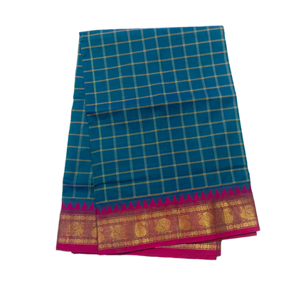 9 Yards Cotton Saree Peacock Blue with Pink Border