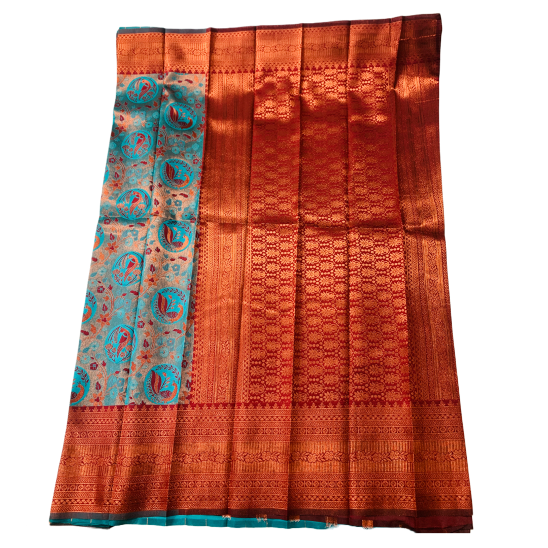 Aqua Blue shade saree with Brown Border