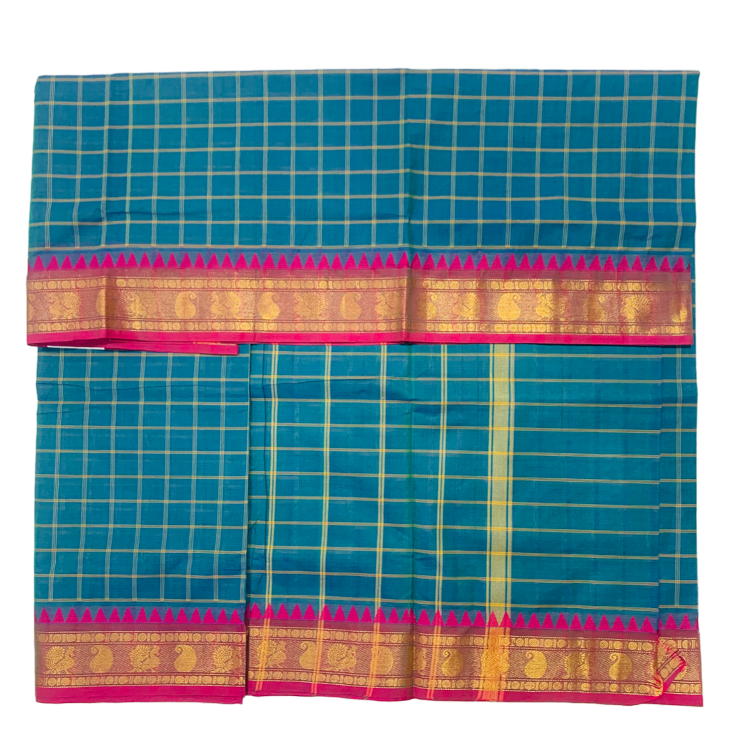 9 Yards Cotton Saree Peacock Blue with Pink Border