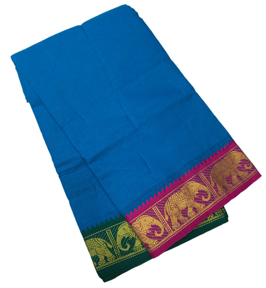 9X5 Cotton Dhoti Sky Blue Colour with Pink and Green Border