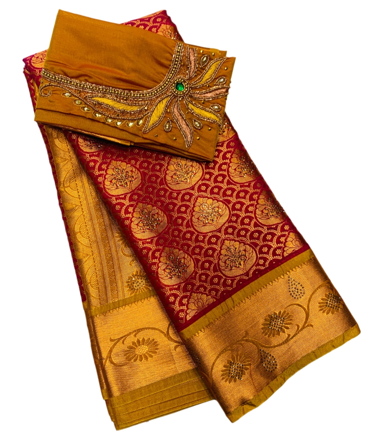 Bridal Vegan Silk Saree Pink shade with Mustard Border with Unstitched blouse in Aari work