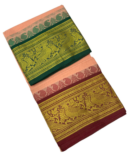 9X5 Cotton Dhoti Light Salmon Colour with Green and Maroon Border