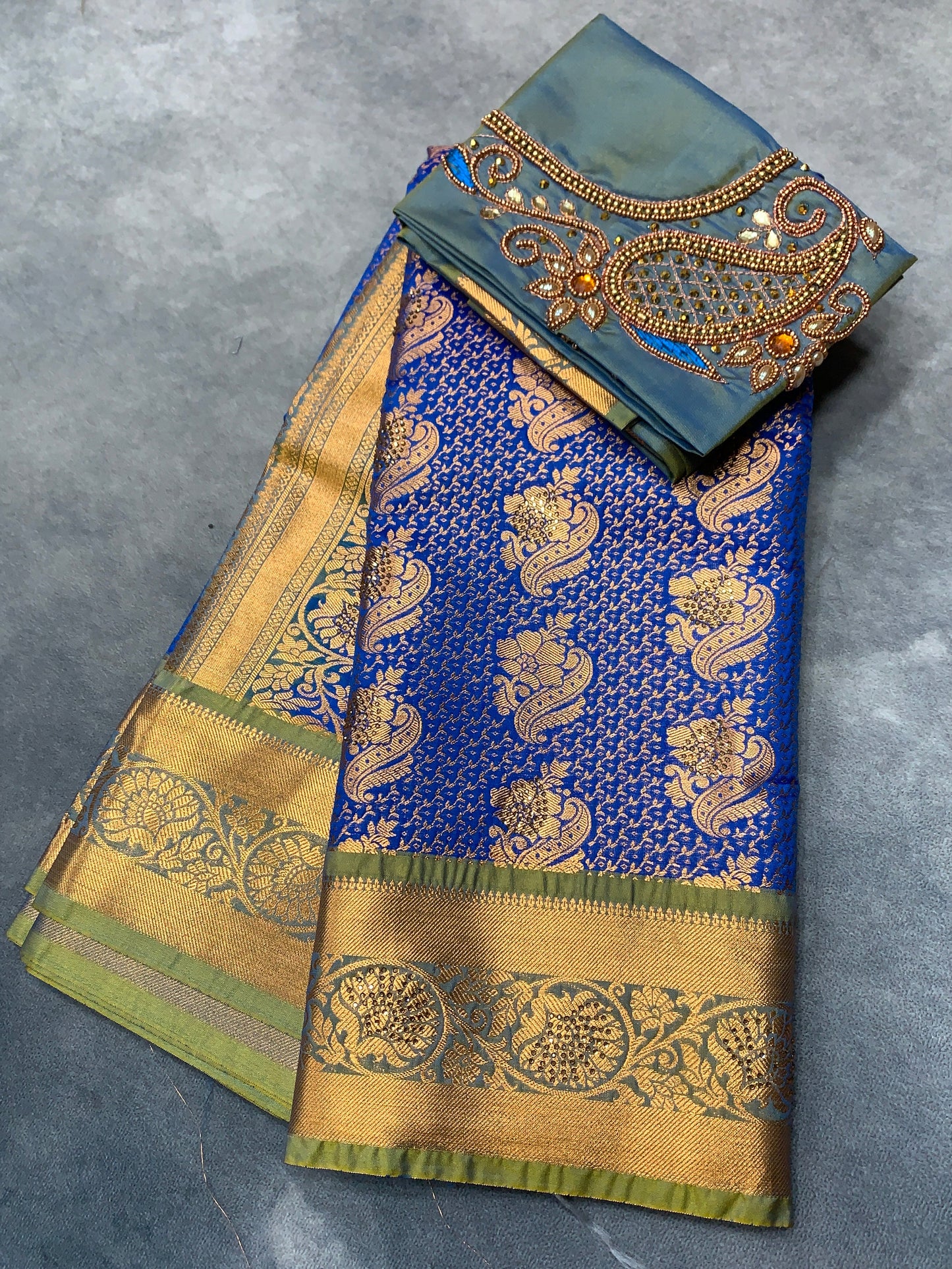 Bridal Vegan Silk Saree Blue Colour with Light Green Border with Unstitched blouse in Aari Work
