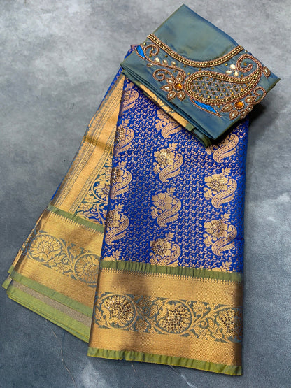 Bridal Vegan Silk Saree Blue Colour with Light Green Border with Unstitched blouse in Aari Work