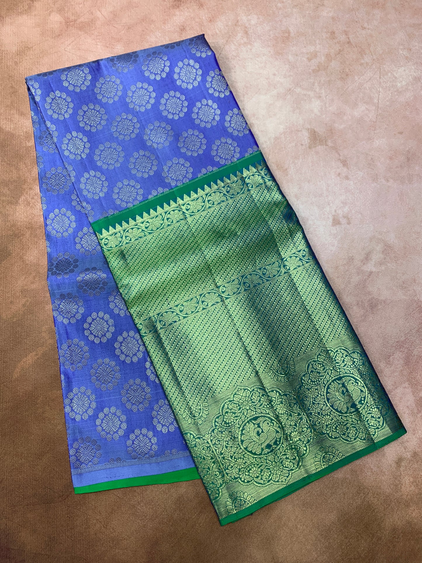 Blue Shade Pure Kanchipuram Kids Pattu Pavadai with Contrast Border for Age Above 10 Years
