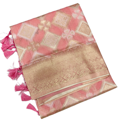 Soft Vegan Silk Saree Baby Pink Colour with Sliver Zari Border