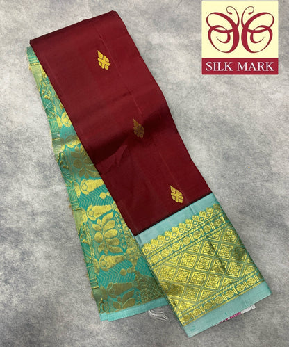 Pure Kanchipuram Silk Saree Maroon Colour with Sky Blue and Gold Zari Border