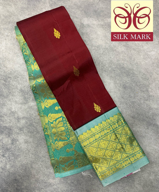 Pure Kanchipuram Silk Saree Maroon Colour with Sky Blue and Gold Zari Border