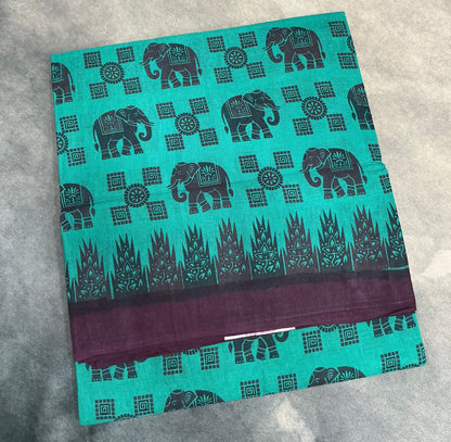 Chettinad Sungudi Cotton Rama Green Colour with Dark Purple Colour Border
