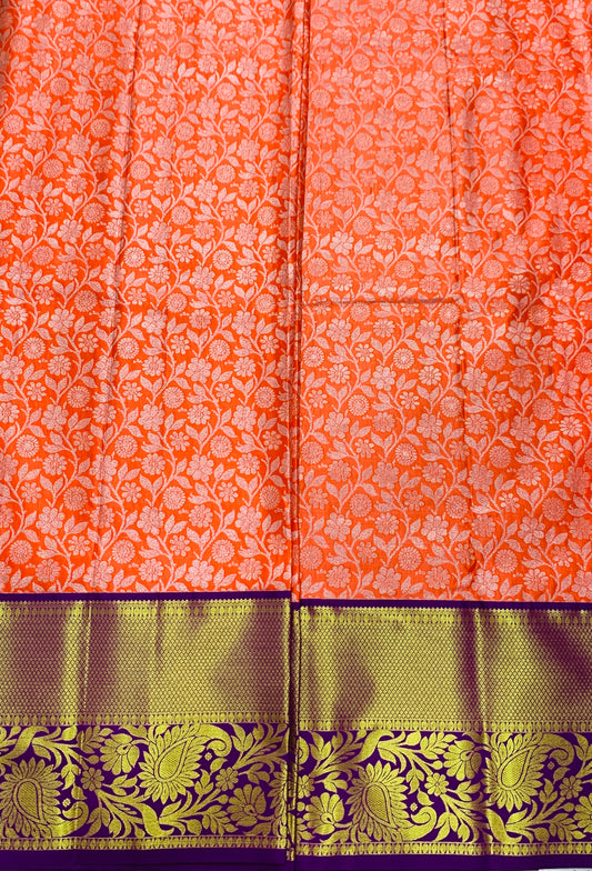 Peach Orange shade Vegan Silk Kids Pattu Pavadai with Contrast border for age above 10 years