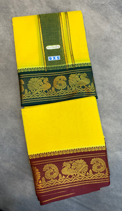 9X5 Cotton Dhoti Yellow Green and Maroon Zari Border with Angavastram