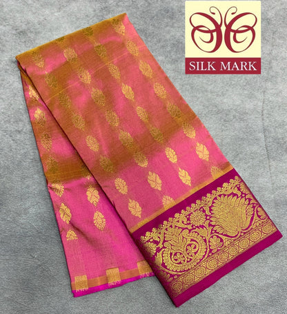 Baby Pink Shade Pure Kanchipuram Kids Pattu Pavadai with Contrast Border for Newborn to 2 Years