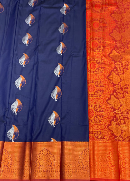 Soft Silk Casual Saree Navy Blue with Maroon Colour Border