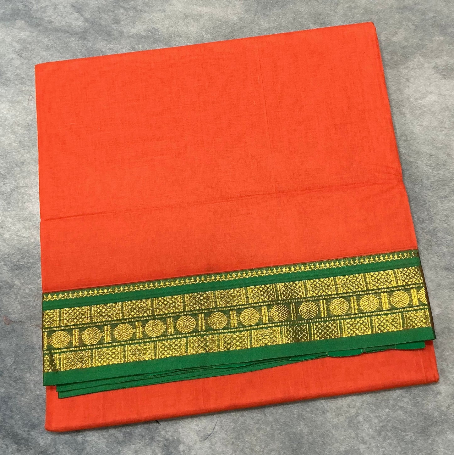 Chettinad Cotton Saree Orange Colour with Light Green Colour with Zari Work Border