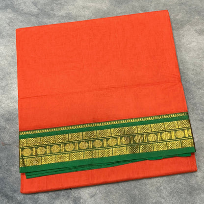 Chettinad Cotton Saree Orange Colour with Light Green Colour with Zari Work Border