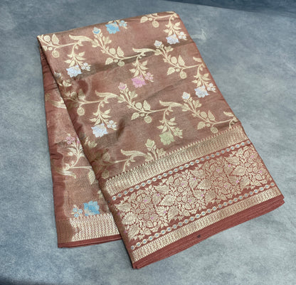Meenakari Banaras Tissue Silk Saree Chocolate Brown Colour