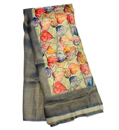 Digital Print Silk Saree Tussar Colour with Leaf Pattern