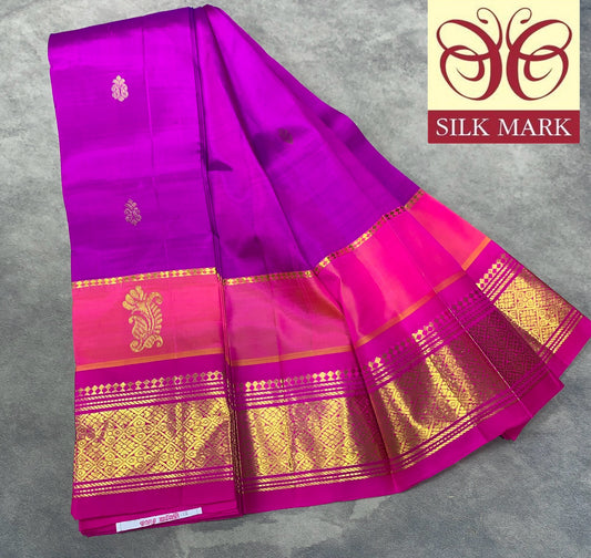 Pure Kanchipuram Silk Saree Dual Tone Magenta Colour with Pink Colour Gold Zari Border