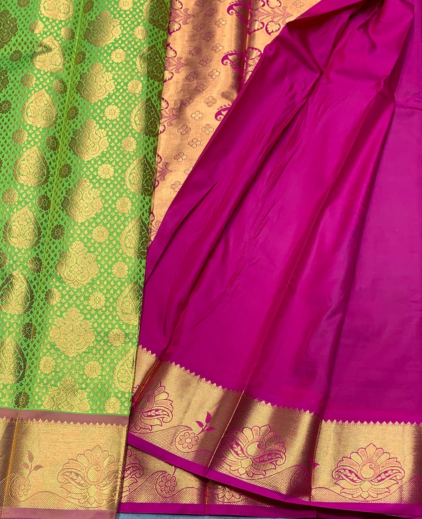 Vegan Silk Saree Light Green Colour with Pink and Copper Border