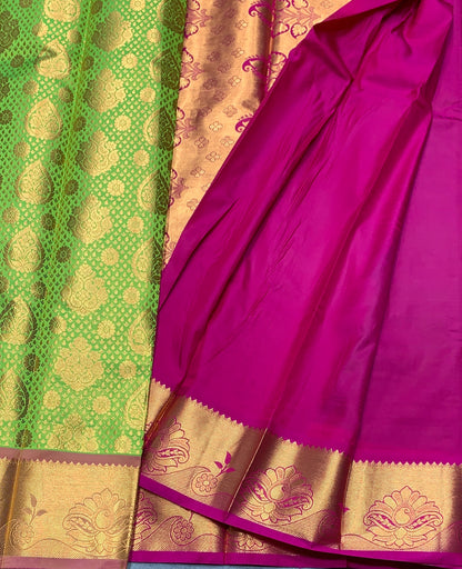 Vegan Silk Saree Light Green Colour with Pink and Copper Border