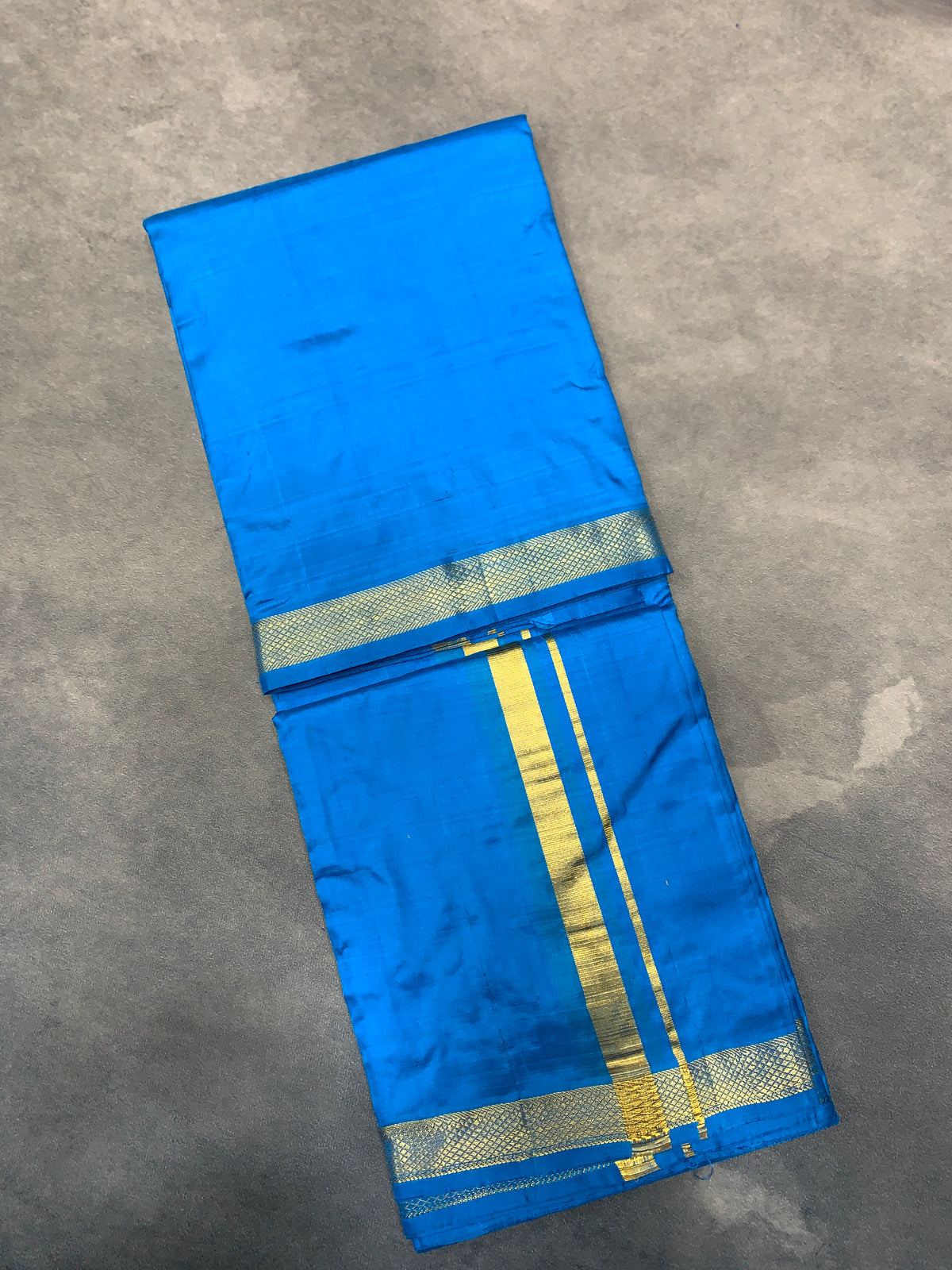 9X5 Pure Silk Dhoti Sky Blue with Small Golden Zari Border