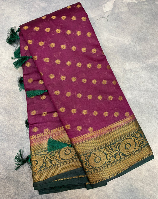 Crepe Saree Magenta Colour with Green Border