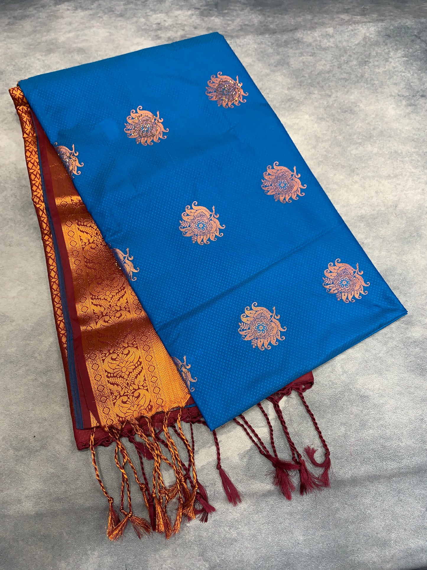 Soft Vegan Silk Saree Blue Colour with Brown and Copper Border