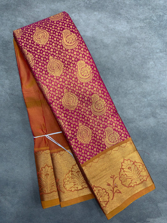 Vegan Silk Saree Pink Colour with Golden Yellow and Copper Border