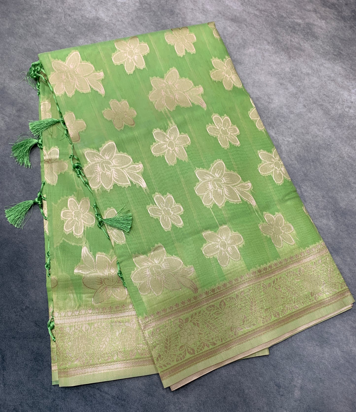Banaras Katan Saree Light Green Colour with Katan Work Border