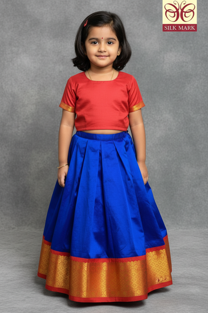 Blue shade Pure Kanchipuram Kids Pattu Pavadai with Contrast Border for Newborn to 2 Years