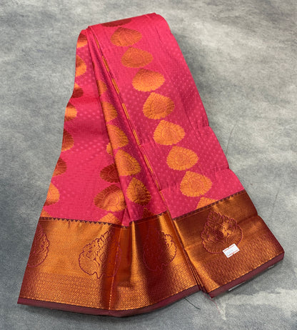 Vegan Silk Saree Peach Pink Colour Saree with Copper Border