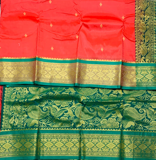 Reddish Pink Shade Saree with Golden and Light Green Border